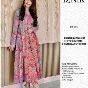 3 PCs women's Printed lawn suit Pink chiffon dupatta